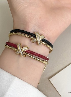 双层皮绳X字母手链时尚冷淡风