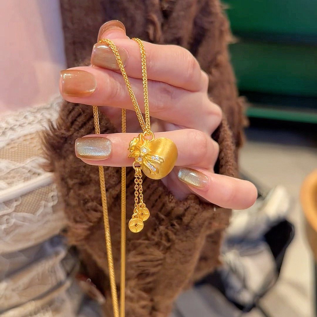 真金24K电镀福袋项链流苏钱币强保色金店同款新中式点钻蝴蝶结女