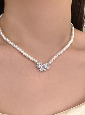 法式轻奢蝴蝶结珍珠项链小众复古