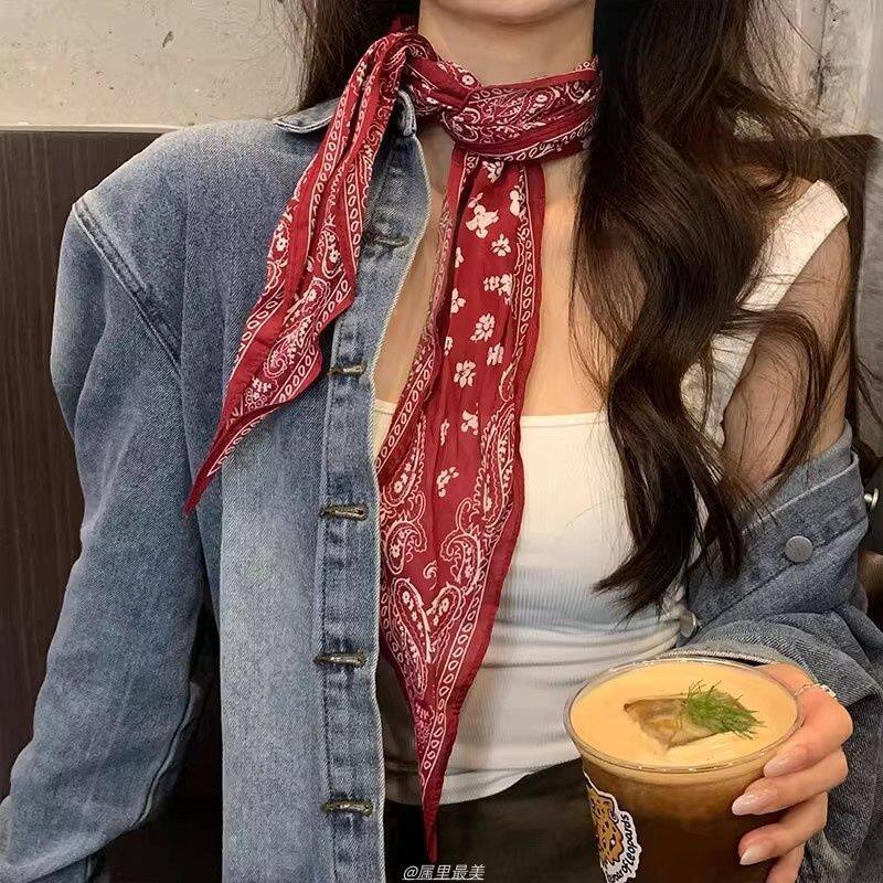 复古经典红色腰果花纹菱形丝巾女