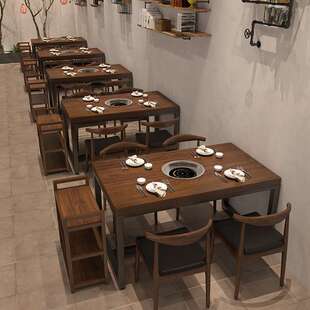 实木火锅桌带电磁炉一体餐桌商用串串烤肉店长方形桌多功能长条桌