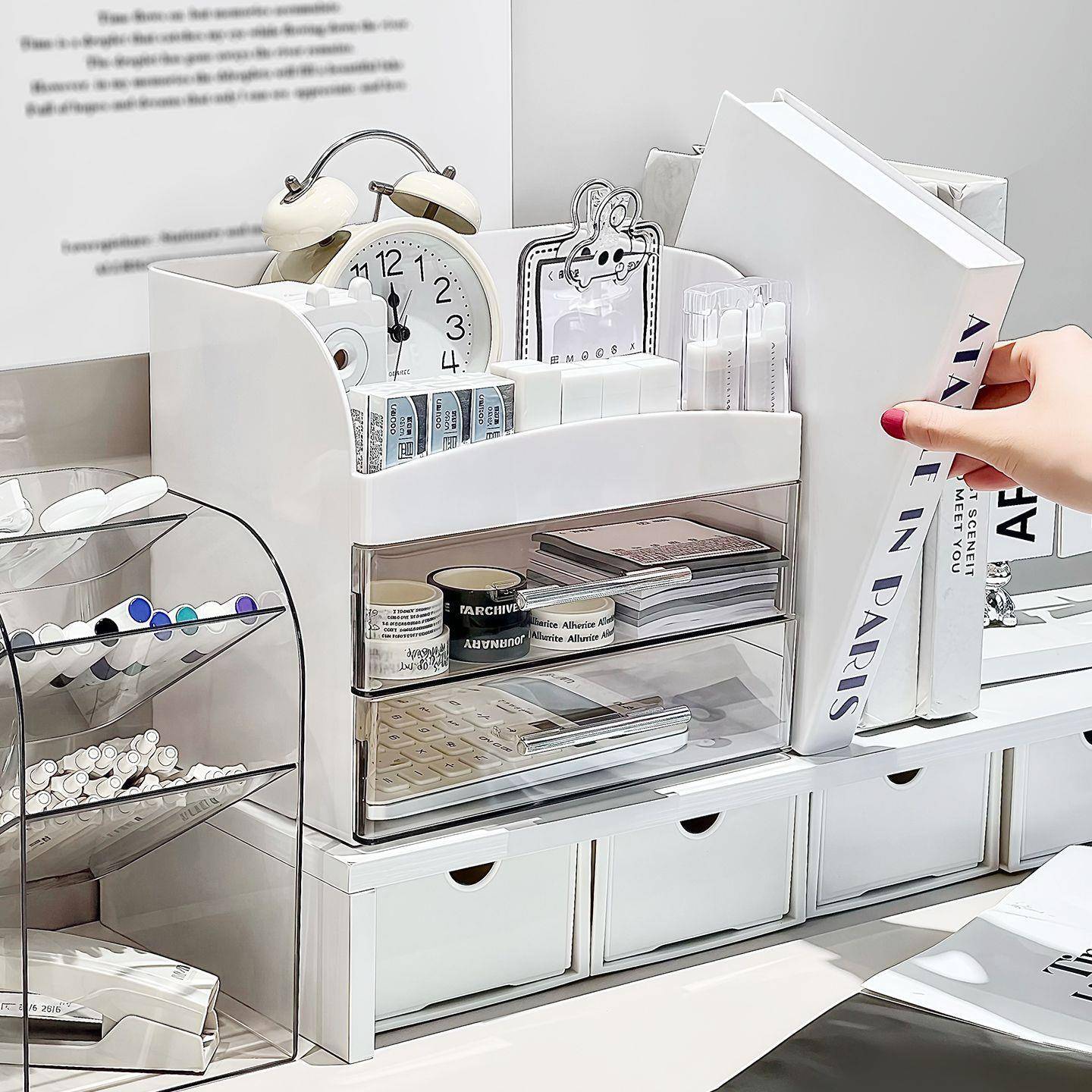 桌面整理收纳盒多功能笔筒储物盒办公桌学生宿舍文具抽屉式收纳盒