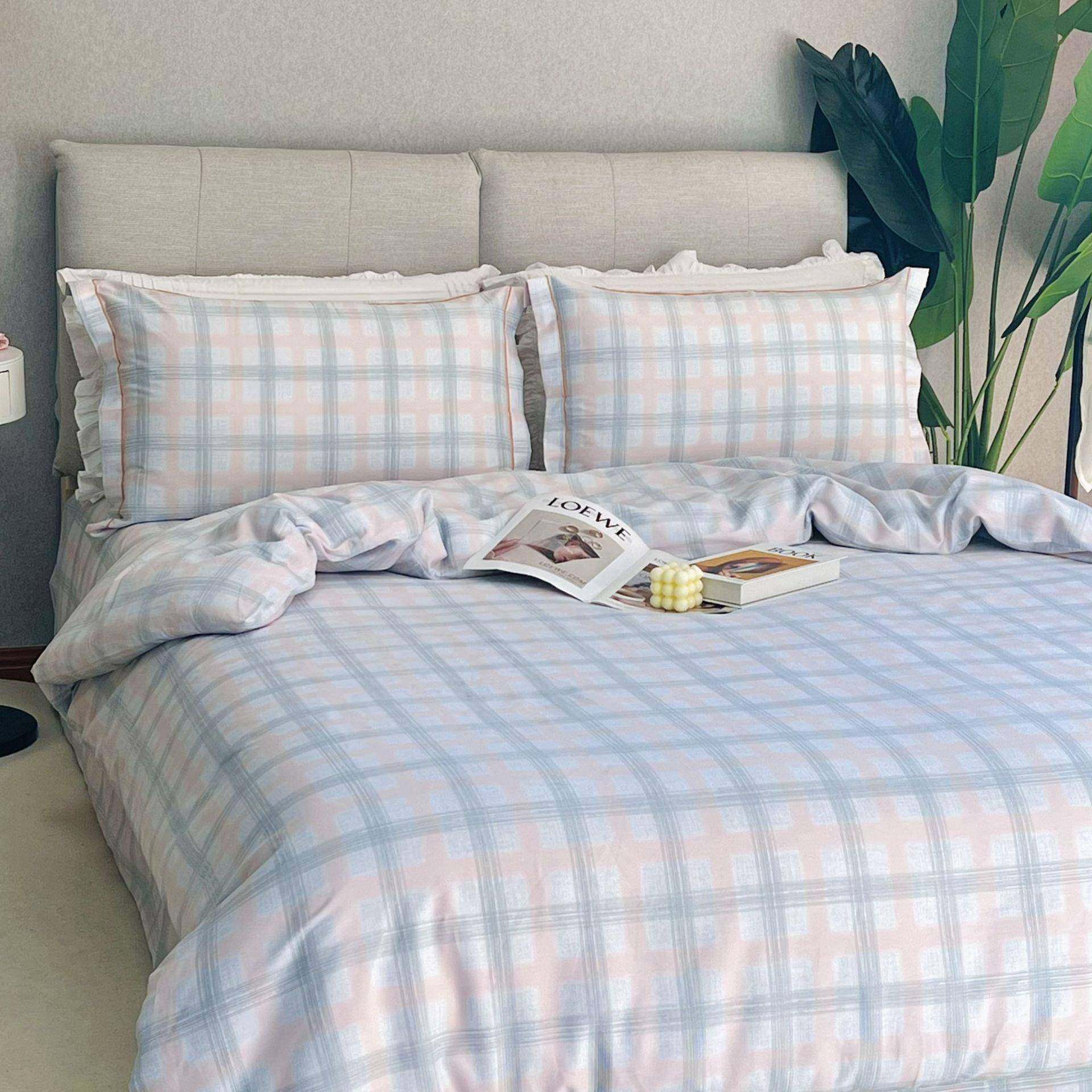 60支全棉贡缎长绒棉磨毛四件套 全棉纯棉床单被套简约方格床笠