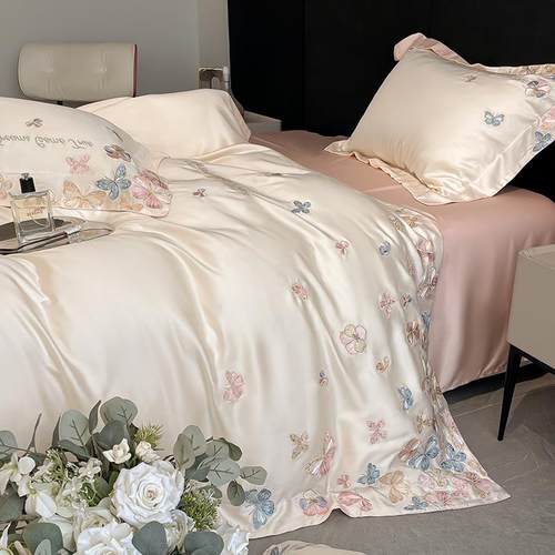 轻奢A类天丝四件套感蝴蝶刺绣被套冰丝凉感被罩床单夏季床品4