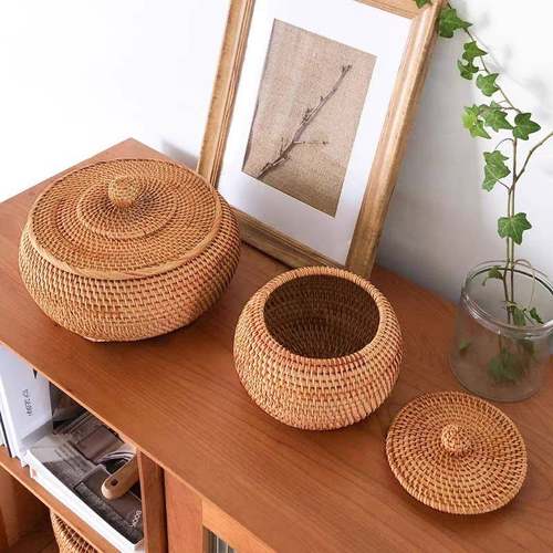 【热销】越南藤编糖果收纳盒客厅创意干果篮带盖收纳盒