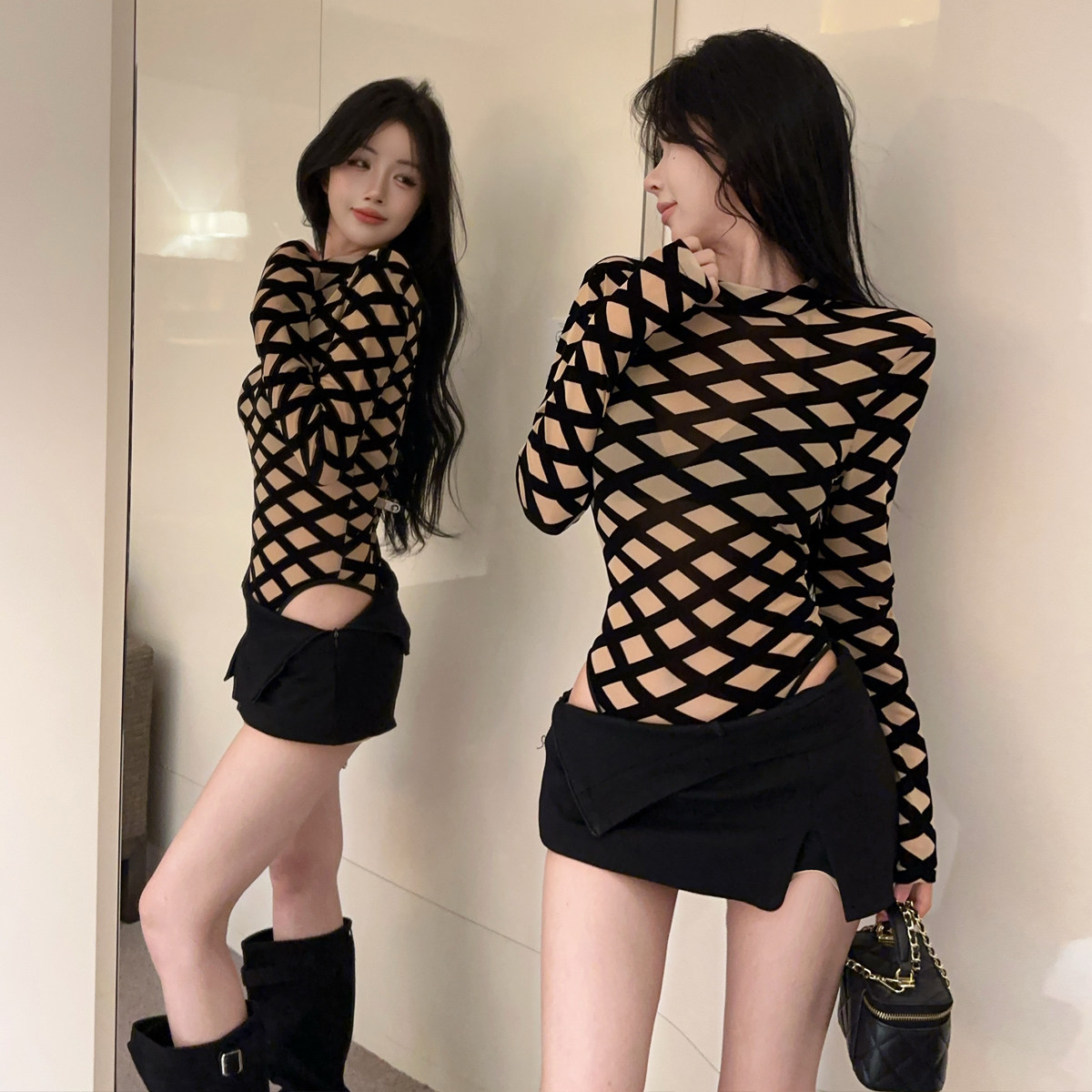 套装女辣妹性感网格修身长袖透视连体衣配半身裙裤时尚显瘦两件套