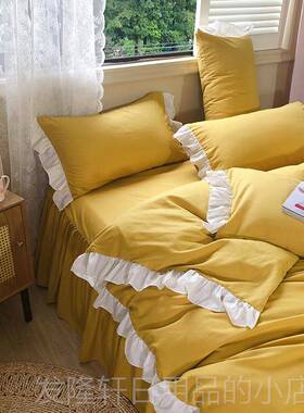 高档北欧风简约灰色边荷水洗棉四件套纯色叶套花被床单床裙宿舍三