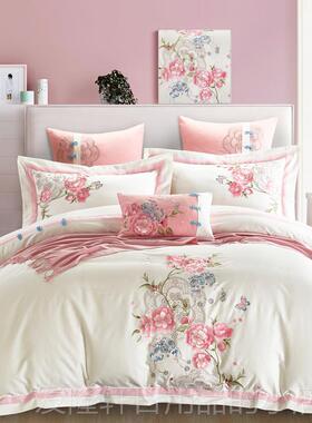 高档中式床品纯棉四件套白色粉床色单式4件套刺绣被套上结婚床用