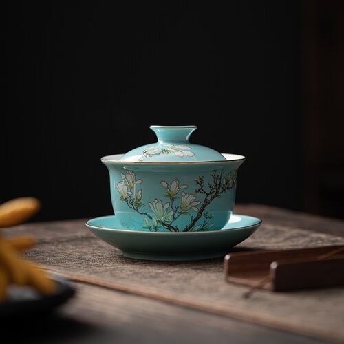 盖碗松石绿功夫茶三才盖碗单个茶碗敬茶碗带盖陶瓷泡茶碗防烫家用