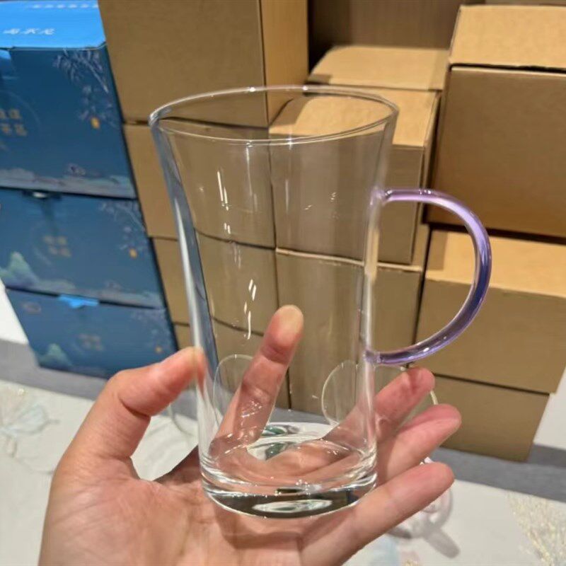 高硼硅玻璃绿茶杯喇叭口喝水杯耐热玻璃带把细腰家用绿茶杯茶水杯