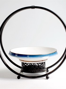 中式仿真梅花摆件铁艺软装饰品客厅书房办公室玄关创意艺术瓷盘架