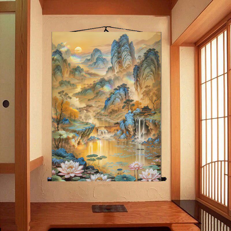 堂口山水画招财聚财挂画佛堂仙道佛背景图暗堂堂单客厅玄关装饰画