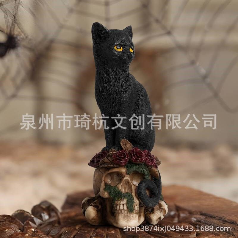 新款神秘暗黑风骷髅动物猫与乌鸦雕像摆件树脂工艺品家居装饰