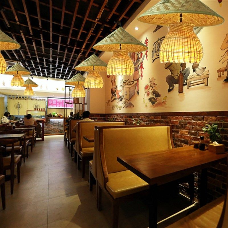 创意个性餐厅吊灯吧台装饰灯中式竹编灯具斗笠灯草帽火锅店餐馆灯