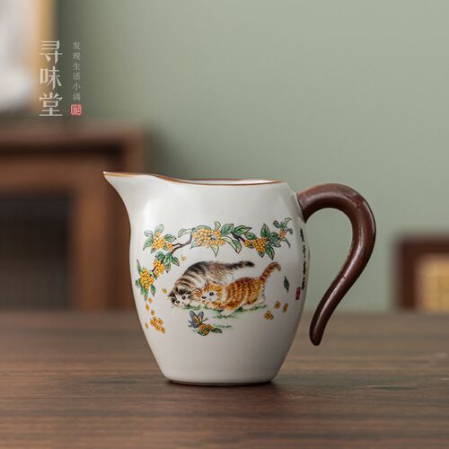 米黄汝窑桂花猫咪公道杯复古开片汝瓷茶海家用中式陶瓷功夫茶具