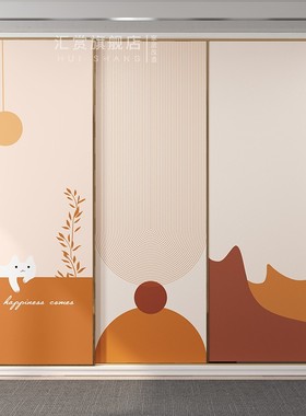 橙色猫咪衣柜推拉门贴纸大衣柜移动门墙纸玻璃门家具翻新改造壁纸