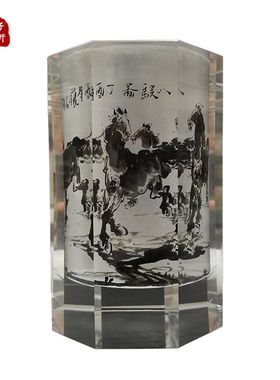 精品办公实用内画笔筒 创意礼品马到成功水晶摆件