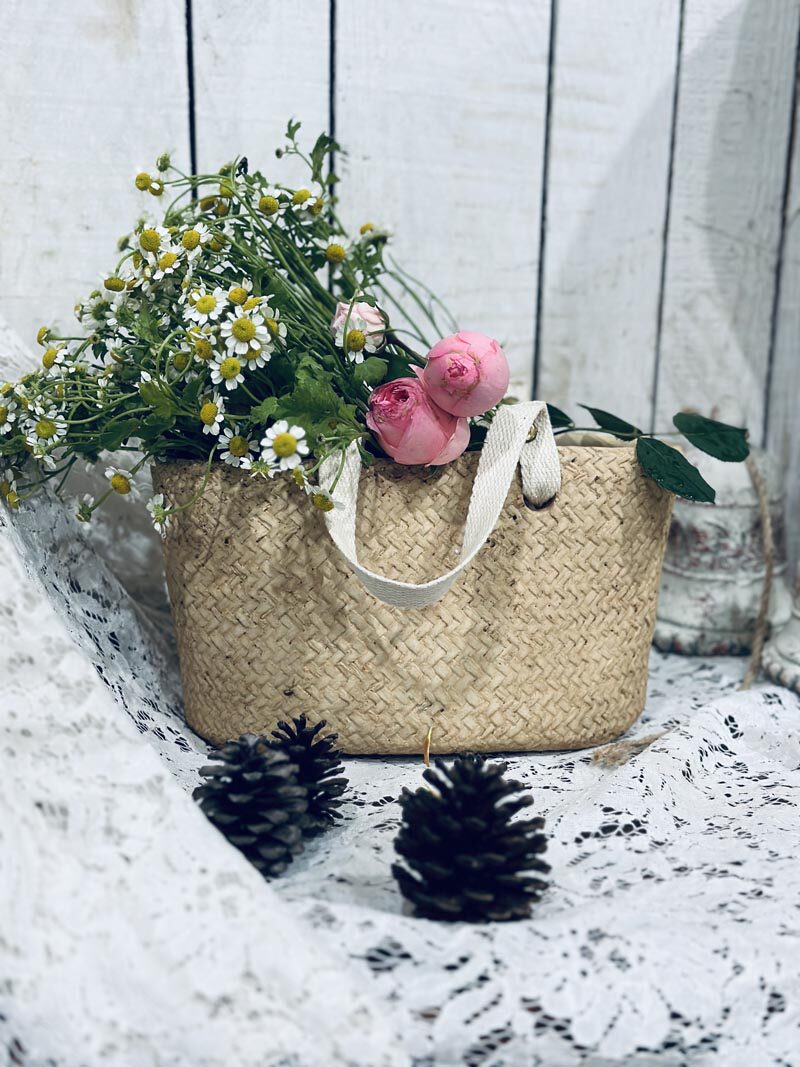 手工手压仿草编水泥手提篮花盆花瓶 干花鲜花花瓶提篮花盆