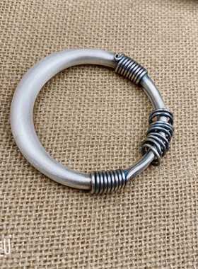 正品定制银匠手工银民族风覆古足银999纯银手镯光圆肚圈实纯心丝