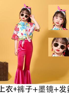 正品儿童啦0啦队出服小学生动会套装港风衬衫喇叭裤运走演秀女9年