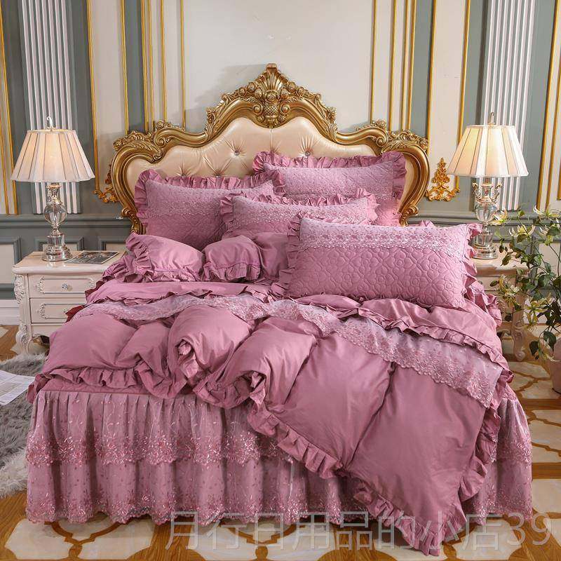 正品申牟家 纹纯棉双层斜加蕾丝床裙式四件套加厚棉床罩纺式4件套