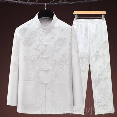 正品盘新中式装男中老年人春夏季冰唐长袖套装龙纹爷爷装汉丝服太