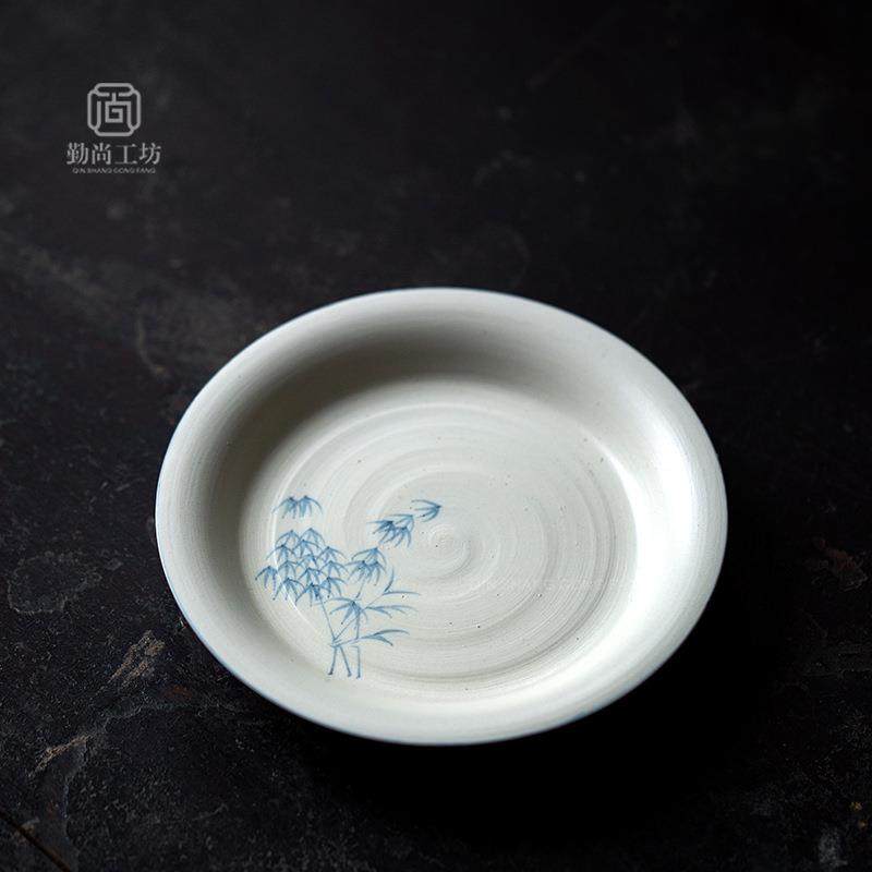 诧寂风粉引手绘蓝竹清欢壶承陶瓷盖碗底托茶道配件家用果盘茶点盘