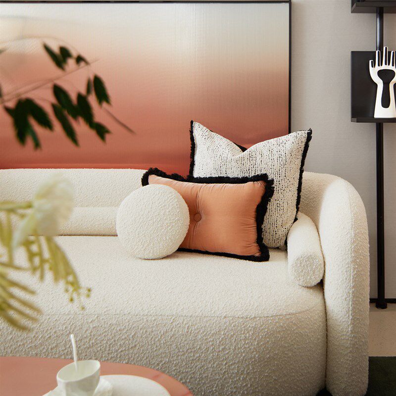 布在布艺黑白流苏靠枕加厚棉麻靠垫套民宿客厅沙发抱枕橘红色圆球