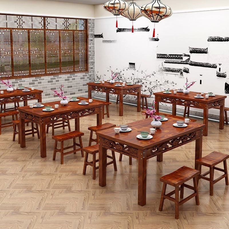 碳化实木饭店快餐面馆桌椅组合雕花复古小吃烧烤火锅餐厅长方形桌