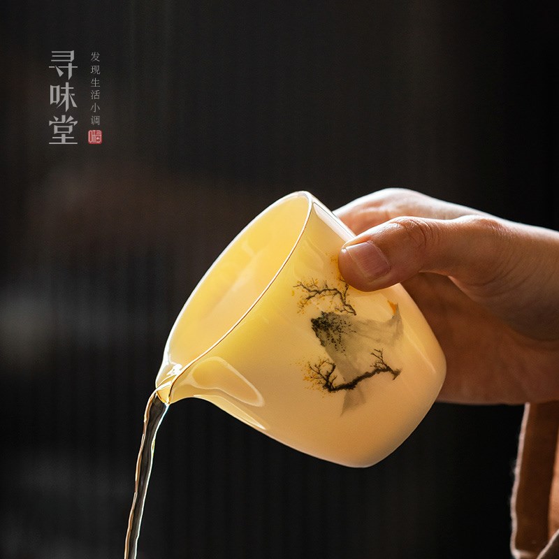 宝石黄玉瓷公道杯描金边茶海釉上彩分茶杯家用中式陶瓷功夫茶具