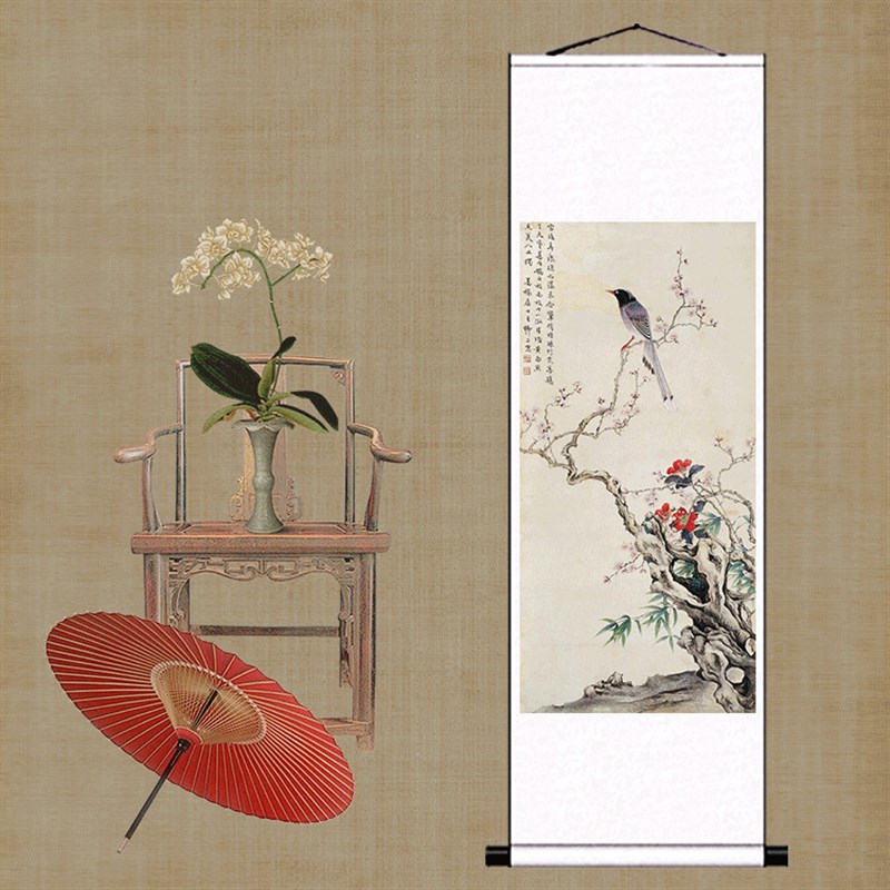 喜上眉梢颜伯龙花鸟画丝绸卷轴画国画家居客厅装饰画好运礼品壁画