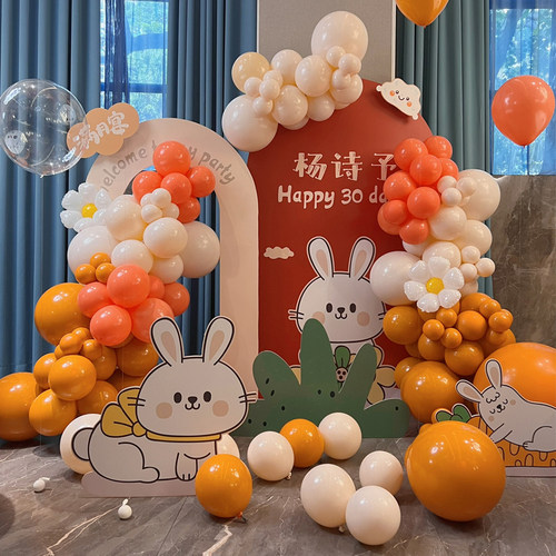 兔宝宝满月宴百日100天气球布置场景装饰酒店KT板背景墙定制套餐