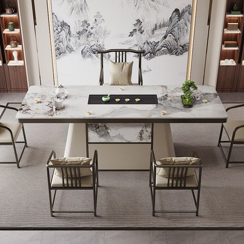 现代岩板茶台别墅办公室茶台泡茶一体马鞍皮饰面功夫茶桌一桌五椅