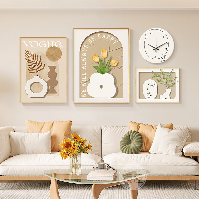奶油原木风客厅装饰画带钟表花卉沙发背景墙挂画抽象艺术组合壁画