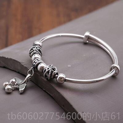 银手999纯银镯女覆古气质流苏款鱼吊坠足圆9珠镯子推ISX拉送女友