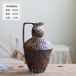 高档陶瓷花瓶粗陶瓶插复古怀旧手工民宿酒店寂风禅件意摆花粗陶侘