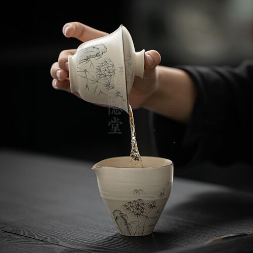 圭隐堂手绘墨竹盖碗粉引侘寂风日式家用泡茶碗分茶器防烫手抓碗