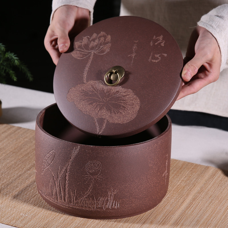 大号紫砂茶叶罐五饼装宜兴手工大码茶叶缸普洱密封陶罐大储存茶桶