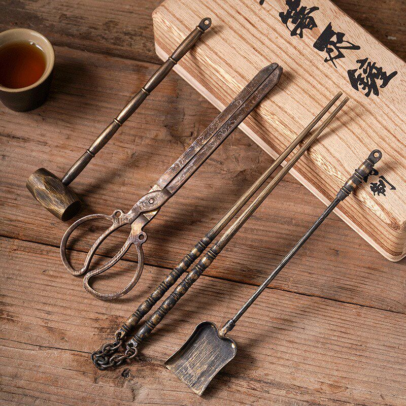 围炉煮茶炭炉工具铜件工艺品潮州功夫茶炉夹碳铜筷子钳子铲子勺子