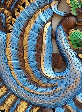 国泰孔雀雕花实板柚木艺挂件工东南亚风情客厅装饰木镂DHB00833空