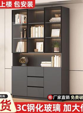 实木玻璃书柜件简约橱书架置物架IVG落组合储物书玻璃展地示柜一