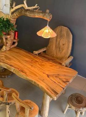 香樟木茶台原CDI木根实雕茶几原木架茶桌家用木大灯板桌实组合椅