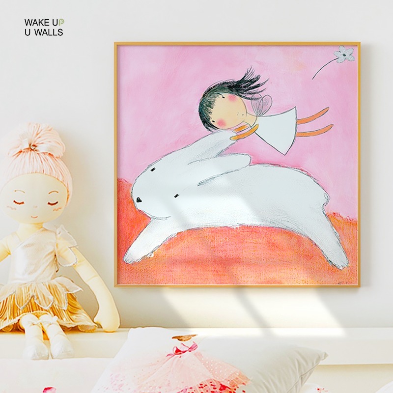 墙蛙简约儿童房装饰画女孩公主房卧室床头挂画少女系卡通创意壁画