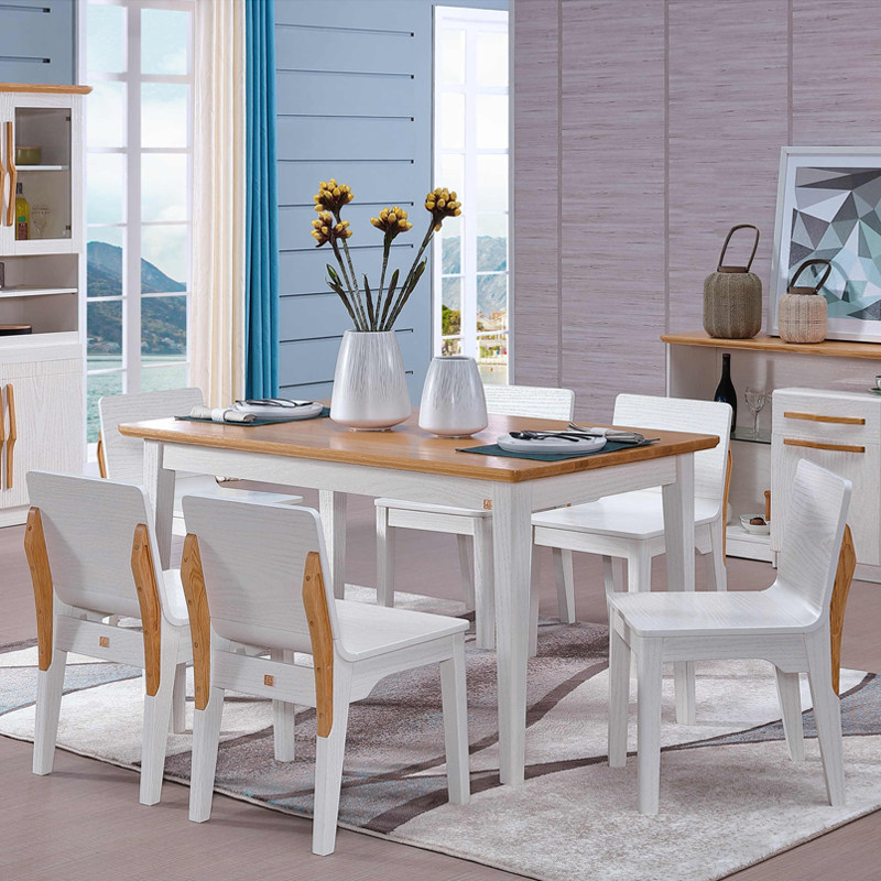 纯实木餐桌家用小户型白色橡木简约现代1米4餐桌椅组合长方形桌子