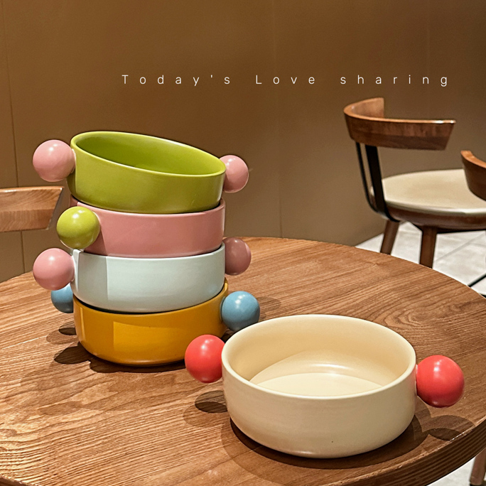 撞色球球双耳碗大耳朵陶瓷沙拉碗泡面碗汤碗水果甜品酸奶碗焗饭碗