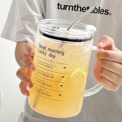 大容量玻璃杯女1000ml带把手水杯带盖子家用咖啡杯耐高温吸管杯子