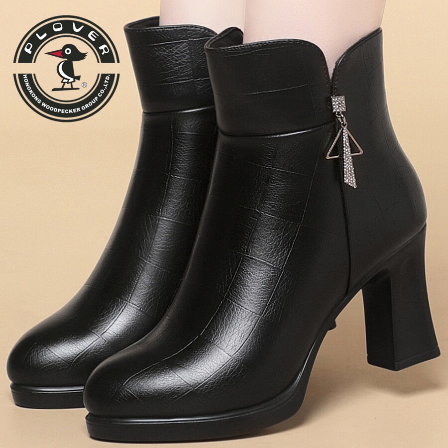 PLOVER时尚黑色短靴女冬季加绒粗跟水钻百搭妈妈鞋四季款高跟短靴