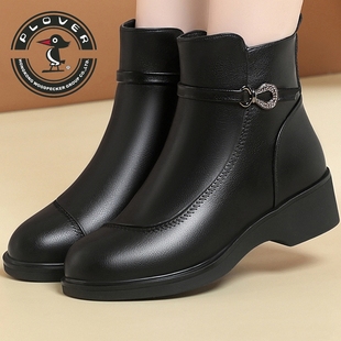 PLOVER休闲风优雅短靴女冬季软面中跟妈妈靴保暖加绒女鞋低跟防滑