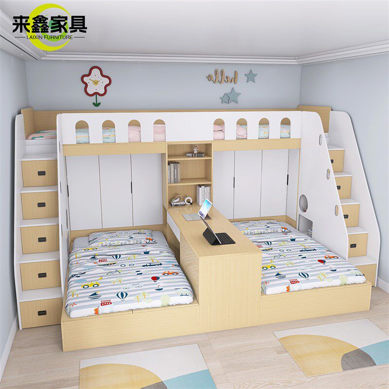 小户型错位型上下四床多功能带衣柜书桌一体组合床卧室高低双层床