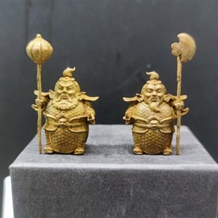 纯黄铜迷你哼哈二将小将军铠甲神话门神人物车载摆件客厅书房摆件
